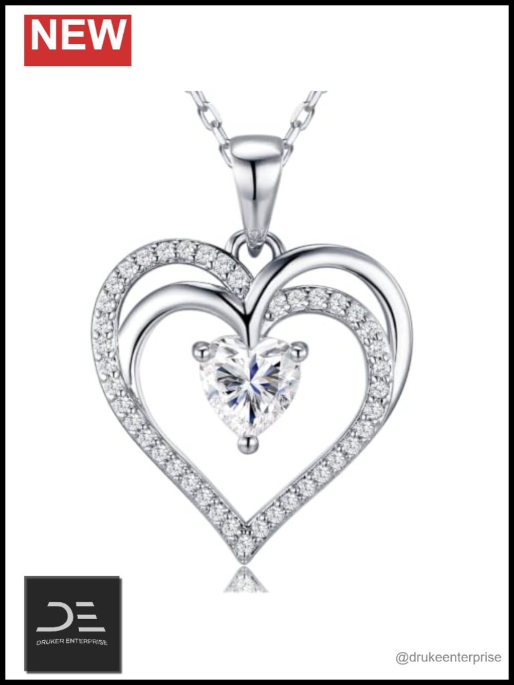 18K White Gold Plated Sterling Silver Heart Pendant Necklace for Women -